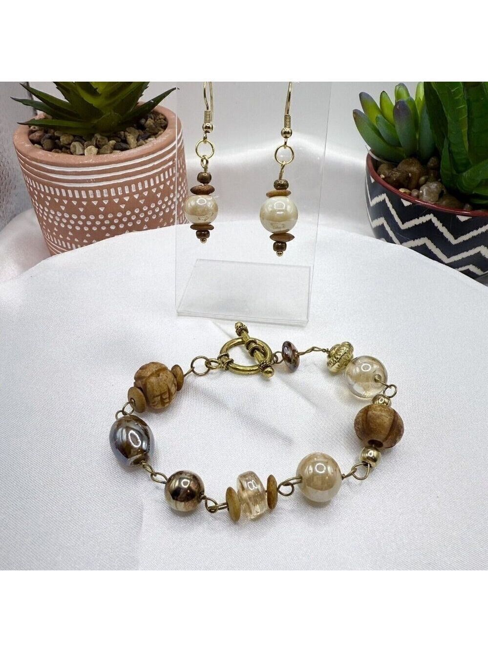 Iridescent Glass Bead Bracelet Earring Set Tan